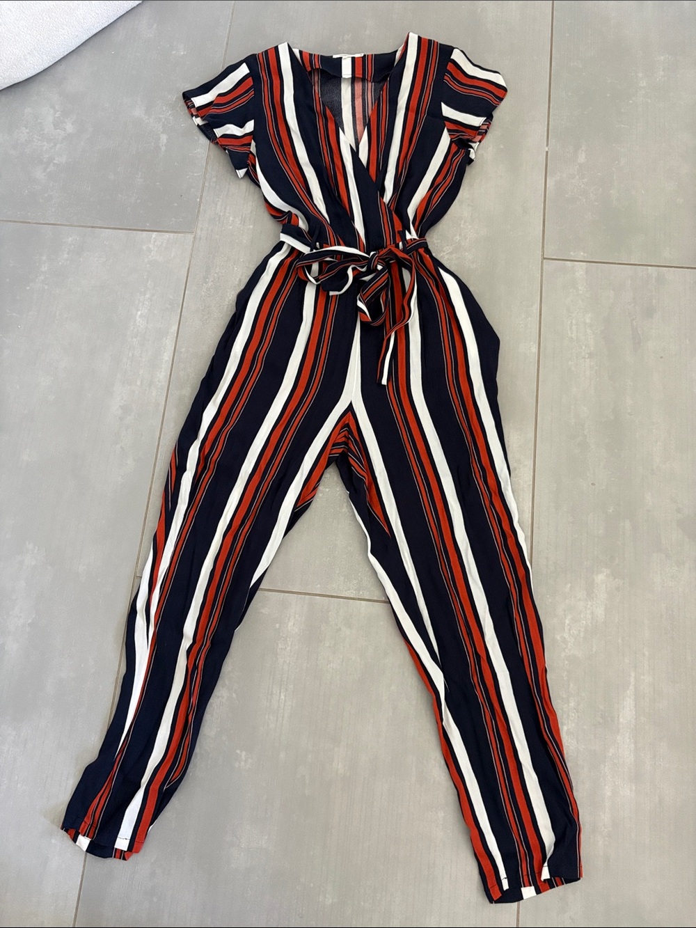 Tularosa Navy, White & Rust Striped V-Neck Tie-Waist Jumpsuit